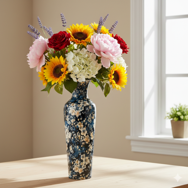 Floral Pattern Deep Navy Blue Base Tall Decorative Floor Vase
