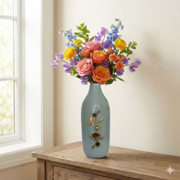 Soft Sage Green Glaze High Gloss with Gold Tone Floral Embellishment Premium Metal Vase