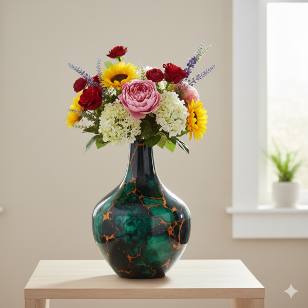 High Gloss Stone Inspired Emerald Green Black & Rich Teal Tones Metal Vase