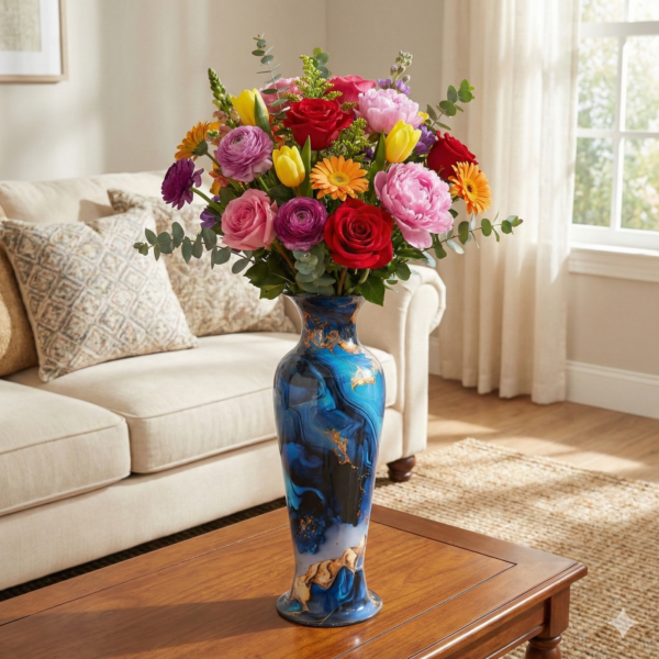 High Gloss Abstract Marble Effect Deep Navy & Cobalt Blue Toned Decorative Floor Vase