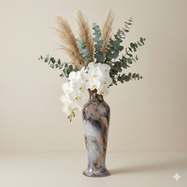 High Gloss Marble Effect Glaze Cool Grey & Deep Charcoal Tone Tall Decorative Floor Vase