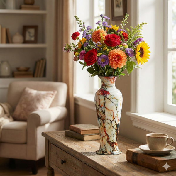 Slender Rounded Vase High Gloss Marble Effect Finish Tall Decorative Floor Vase
