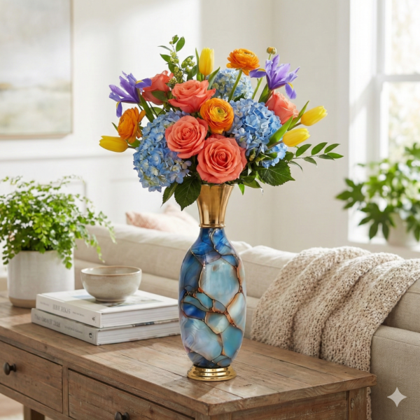 Soft Blues Teal Ivory Beige and Subtle Amber Tone Metal Vase