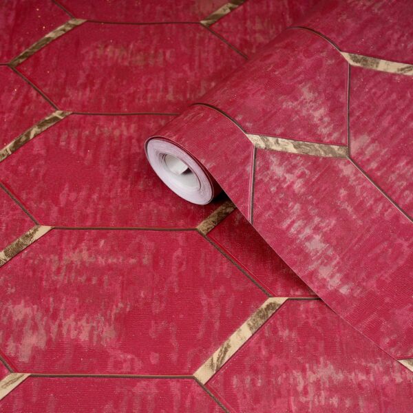 Dark Red Geometric Wallpaper with Yellow Lustre