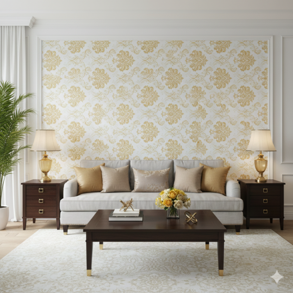 Golden Damask Pattern on White Background Self Adhesive Wallpaper