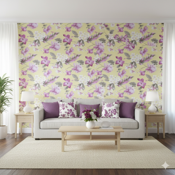 Pink Floral Pattern on Pale Yellow Background Self Adhesive Wallpaper