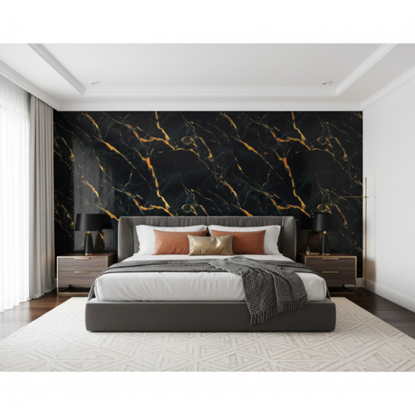 Glossy Black with Golden Lines Marble Design Self Adhesive Wallpaper