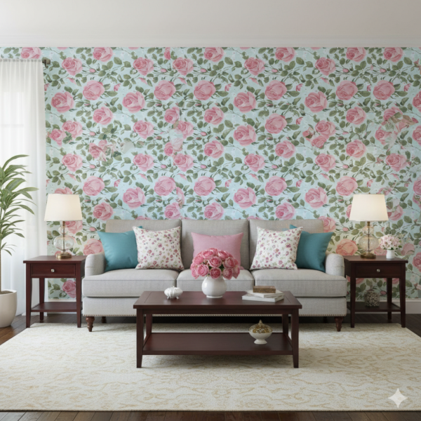 Repeating Soft Pink Roses with Leaves on Pastel Blue Background Self Adhesive Wallpaper