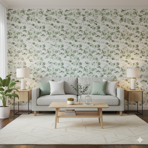 Calming Eucalyptus pattern on White Background Self Adhesive Wallpaper